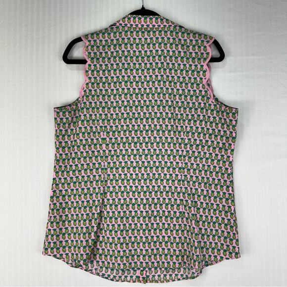 Talbots Pink/Green Colorful Pineapple Print Sleeveless Blouse Size 12 Scalloped - Picture 2 of 5